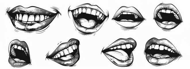 Set of black and white ink drawings of various expressive lips