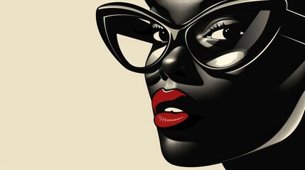 Black woman wearing glasses, with nose on her forehead, in the style of stylized glamour, glamorous pin up