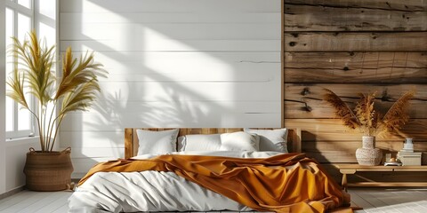 Sunlit contemporary bedroom with wood furniture and white wall mockup. Concept Mockup Designs, Sunlit Interiors, Bedroom Decor, Wood Furniture, White Walls