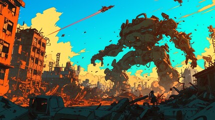 Giant robot in a destroyed city, Amazing anime illustration