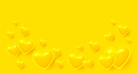 Hearts flying on yellow background. Heart shaped 3d icons of love for Women's, Mother's, Valentine's Day, birthday greeting card. Happy holiday love background with hearts. Vector illustration
