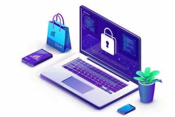 Creative vector illustration of secure online shopping with a laptop, shopping bags, and digital interface, emphasizing e commerce safety and connectivity