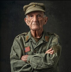 Fototapeta premium An elderly American soldier with a weathered face and gray hair, standing proudly with crossed arms, wearing a decorated uniform, against a plain background