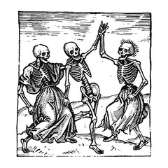 Woodcut illustration of a dance macabre. Vintage grunge vector design element for artworks, poster, cards, web and collages.