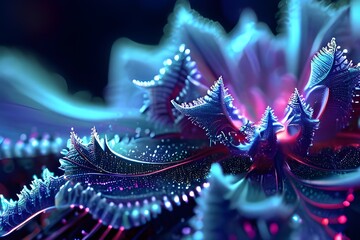 Fractal abstract designs in electric blues and neon pinks, illustrating the intricacy and beauty of digital algorithms, set on an abstract background with pink blue neon lines blazing in ultraviolet 