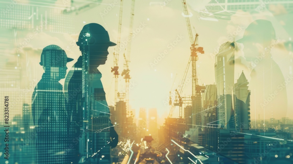 Poster team engineer building construction project with architect people or construction worker working