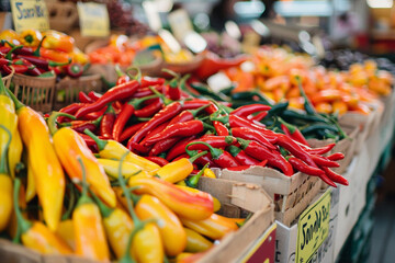 Fototapeta premium Vibrant chili peppers on display at a bustling Italian market, showcasing a variety of spices for culinary use 