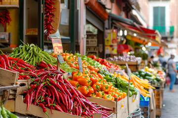 Vibrant chili peppers on display at a bustling Italian market, showcasing a variety of spices for culinary use 
