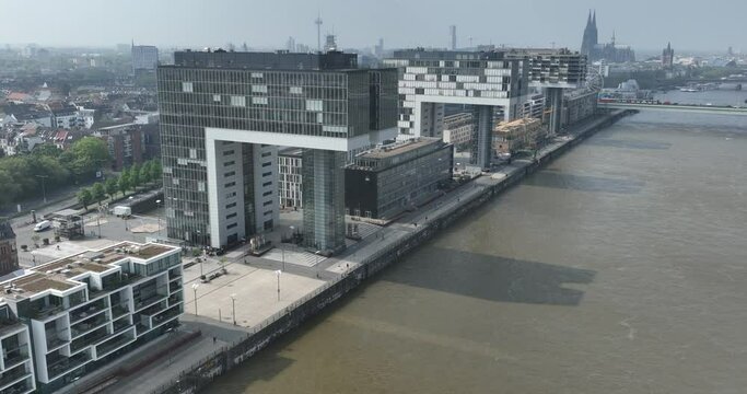 Aerial birds eye drone view on the crane houses, Cologne. high rise iconic buildings in Colognes Rheinauhafen.