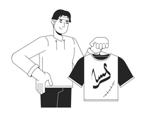 Japanese man holding fixed t shirt black and white cartoon flat illustration. Asian male reusing clothes cartoon outline character isolated on white. Consumption monochrome scene vector outline image