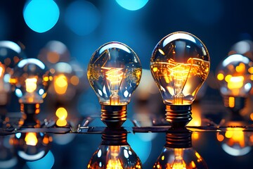 An illustration of a few light bulbs getting illuminated. a collection of lightbulbs perched above a table Arrangement of lightbulbs on a Table: Suitable for imaginative or commercial ideas Electrical