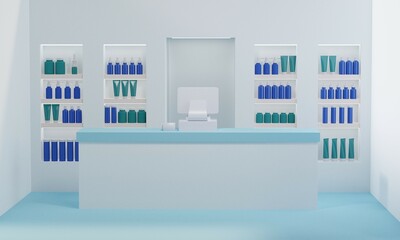 Pharmacy interior with medicines. 3d rendering