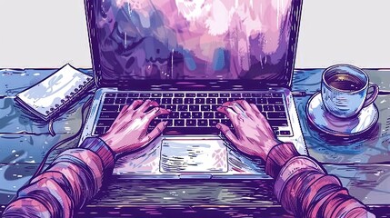 Human hands typing on laptop keyboard, hand writing in notebook. Laptops with hands, coffee cup. Computing, working online, freelancing, education concept. Hand drawn isolated Vector illustrations