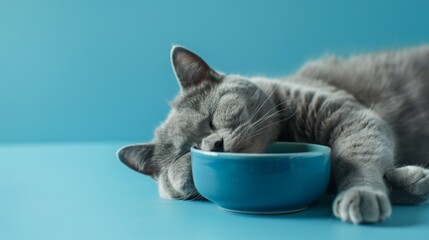 The cat dreams of a bowl of food. British cat sleeps on a blue background. - Powered by Adobe