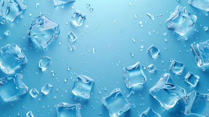 Top view of ice cubes on blue background