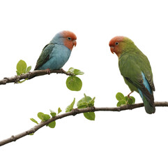 Fototapeta premium A pair of lovebirds perched on a branch, framed by a heart-shaped arrangement of leaves.
