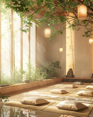 Serene illustration of a meditation hall with sunlight and tranquil decor