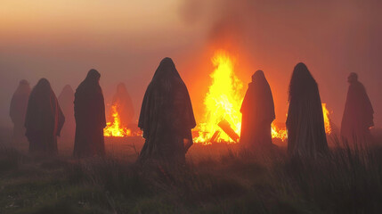 Ancient Celtic druid gathering around a bonfire in a stone circle