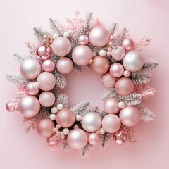 Pink and Silver Christmas Wreath with Ornaments - Elegant Christmas wreath adorned with pink and silver ornaments, perfect for holiday decor and seasonal advertising.