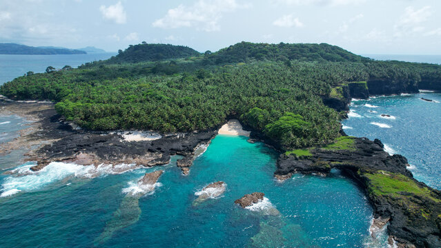 Aerial view from Bateria beach  at Sao Tome e Principe,Africa