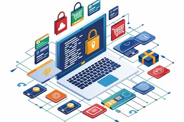 Creative vector illustration of secure online shopping with a laptop, shopping icons, and various devices, emphasizing safety and connectivity in e commerce