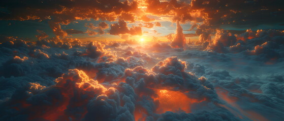 Fototapeta premium 64k, 8k widescreen, 21:9, cloud skyscape, Fiery Sky and Water Blend, A captivating scene merging of fire and water against a backdrop of azure sky and billowing clouds, evoking a mesmerized nature