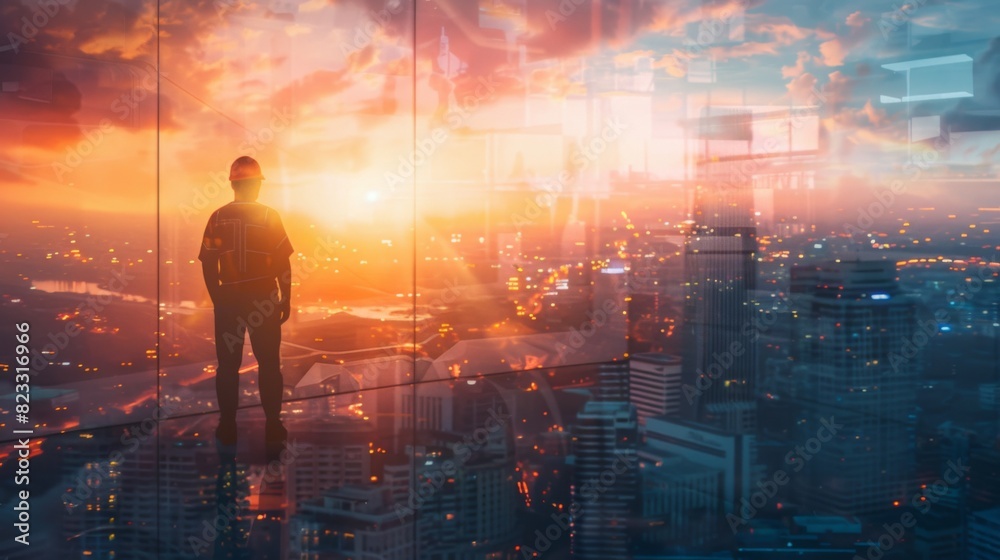 Poster the double exposure image of the engineer standing back during sunrise overlay