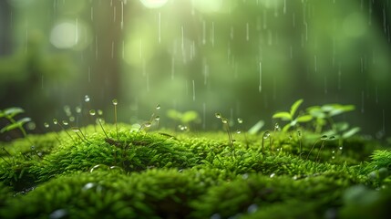 Close-Up of Dew on Moss in Rainy Forest Scene - ai generative