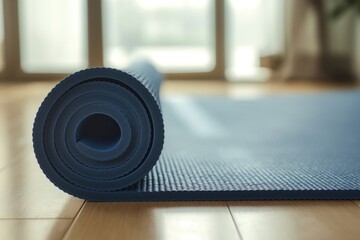 Obraz premium Rolled Blue Yoga Mat on Wooden Floor - Close-up of a rolled blue yoga mat on a wooden floor, perfect for fitness, wellness, and yoga-themed projects.
