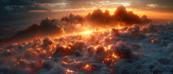 64k, 8k widescreen, 21:9, cloud skyscape, Fiery Sky and Water Blend, A captivating scene merging of fire and water against a backdrop of azure sky and billowing clouds, evoking a mesmerized nature