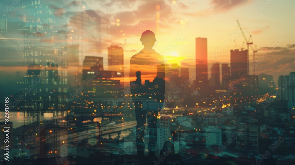 Poster the double exposure image of the engineer standing back during sunrise overlay