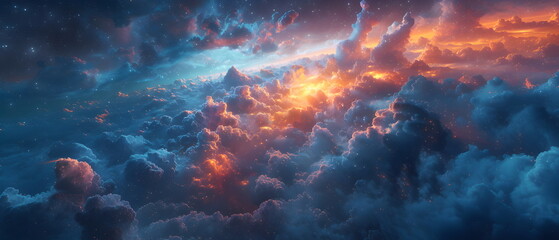 64k, 8k widescreen, 21:9, cloud skyscape, Fiery Sky and Water Blend, A captivating scene merging of fire and water against a backdrop of azure sky and billowing clouds, evoking a mesmerized nature