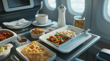 In-flight dining luxury with gourmet dishes and wine in the skies.