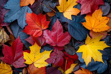 Fototapeta premium Colorful Autumn Leaves with Morning Dew - AI Generative