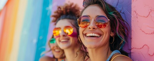 Obraz premium LGBTQ friends in festival fashion, outdoor concert scene, vibrant and eclectic, music event style, brand ad