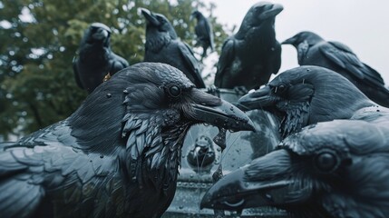 A group of crows gather around a sculpture of their own likeness their augmented reality counterparts cawing and perching on the artworks surface.