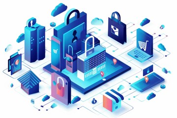 Obraz premium 3D isometric ecommerce security vector with padlocks, shopping icons, and technology elements in blue, purple, and white, highlighting online store protection