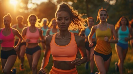 LGBTQ group in coordinated activewear, outdoor fitness scene, dynamic poses, promoting healthy lifestyle, fashion brand ad