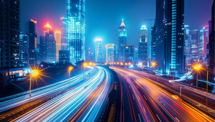 High-speed highway with city buildings in the background at night with light trails