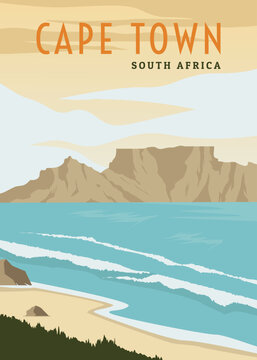 Vintage retro table mountain on cape town beach poster design illustration, seascape beach poster in south africa.