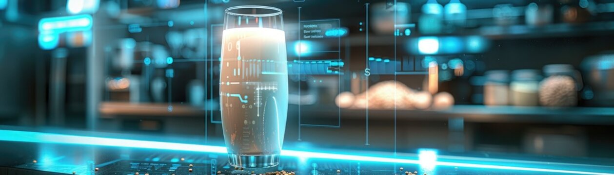 Close-up of a milk glass with a blue background, the glass is half full of a white liquid.