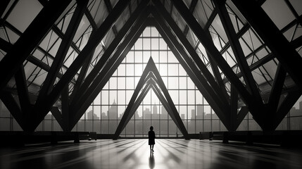 Silhouette of Person in Geometric Glass Building with Cityscape View - ai generative