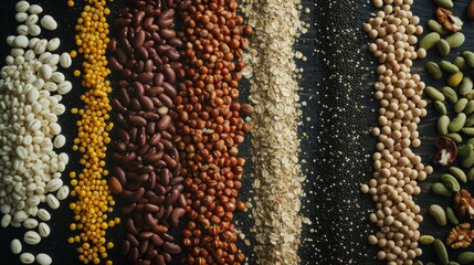 An array of legumes organized in rows on a dark background, showcasing varieties like white beans, lentils, chickpeas, and kidney beans.