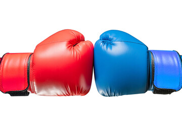 Conflict concept. Two hands in red and blue boxing gloves hitting each other on white background.