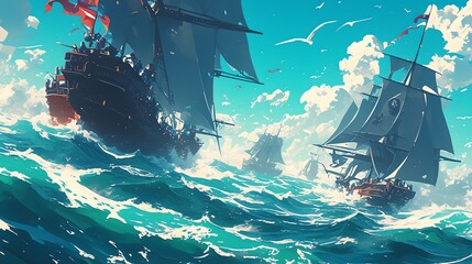 an epic naval battle between pirate ships, amazing anime illustration