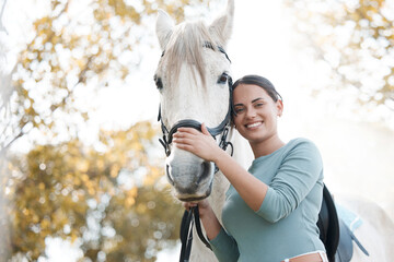 Woman, happy and portrait with horse rider, equestrian and animal lover with smile in nature...