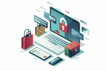 Obraz premium Ecommerce security vector with laptop, padlock, shopping bags, and icons in green and white, illustrating online shopping protection and digital safety