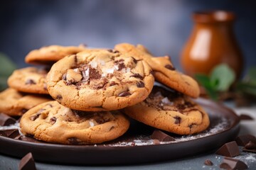 Tasty chocolate chip cookies on a slate plate against a pastel or soft colors background