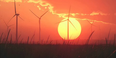 Wind turbines and factories illuminated by the sunset ..
