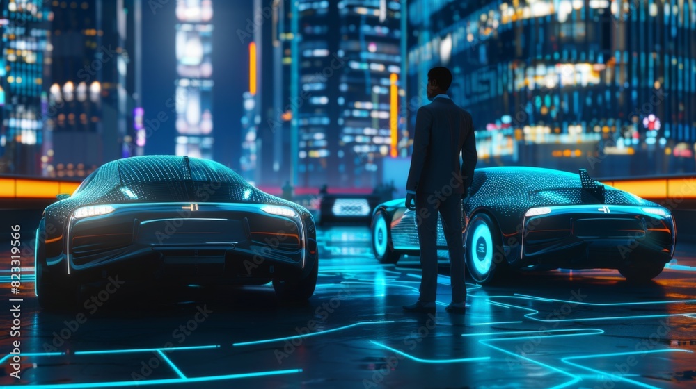 Aufkleber unrecognizable male enterprise executive connecting two robotic cars via an smart network.